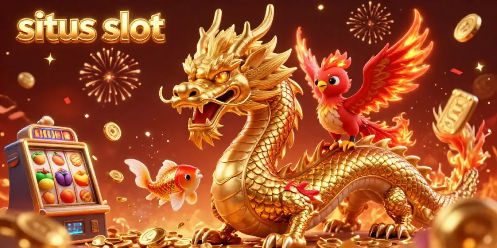 Experience situs slot excitement with a dragon, phoenix, and koi fish surrounded by slot game elements.