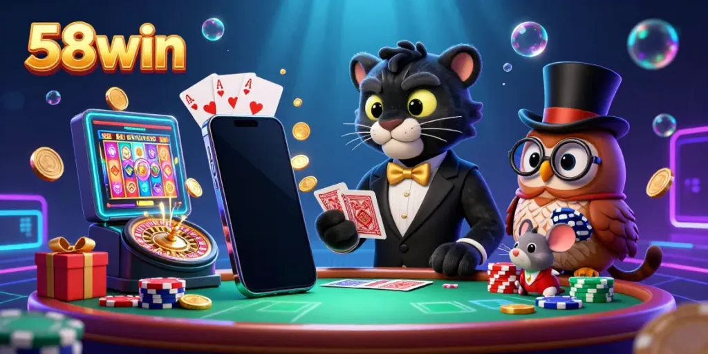Experience the thrill of 58win as a stylish black panther deals cards in a vibrant casino scene with rich graphics.