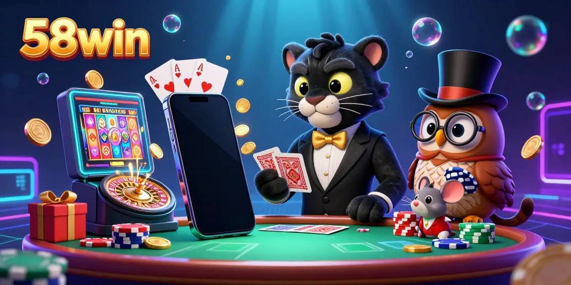 Experience the thrill of 58win as a stylish black panther deals cards in a vibrant casino scene with rich graphics.