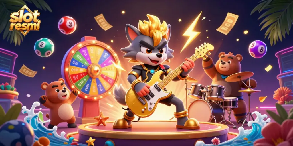 Experience slot resmi excitement with a 3D wolf rockstar and vibrant casino elements in action.