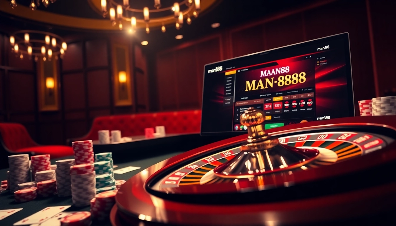 Experience the excitement of Man88 with a vibrant casino scene filled with games and betting action.
