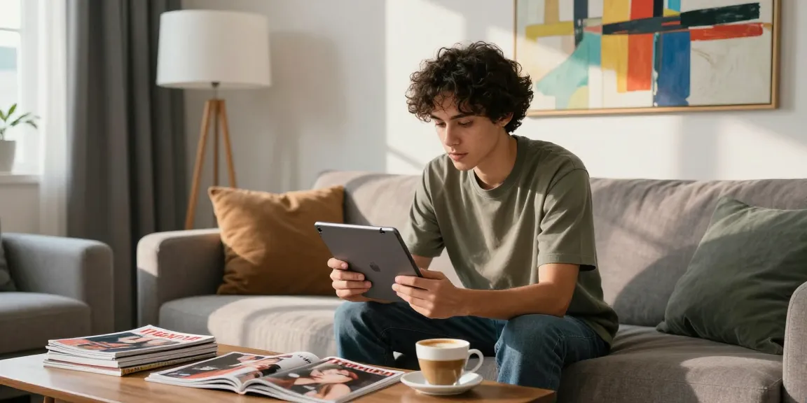 Young adult enjoying nsfw content on a tablet in a modern, stylish living room.
