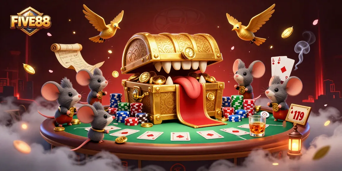 Experience the thrill of FIVE88 casino with vivid illustrations of riches and poker excitement.