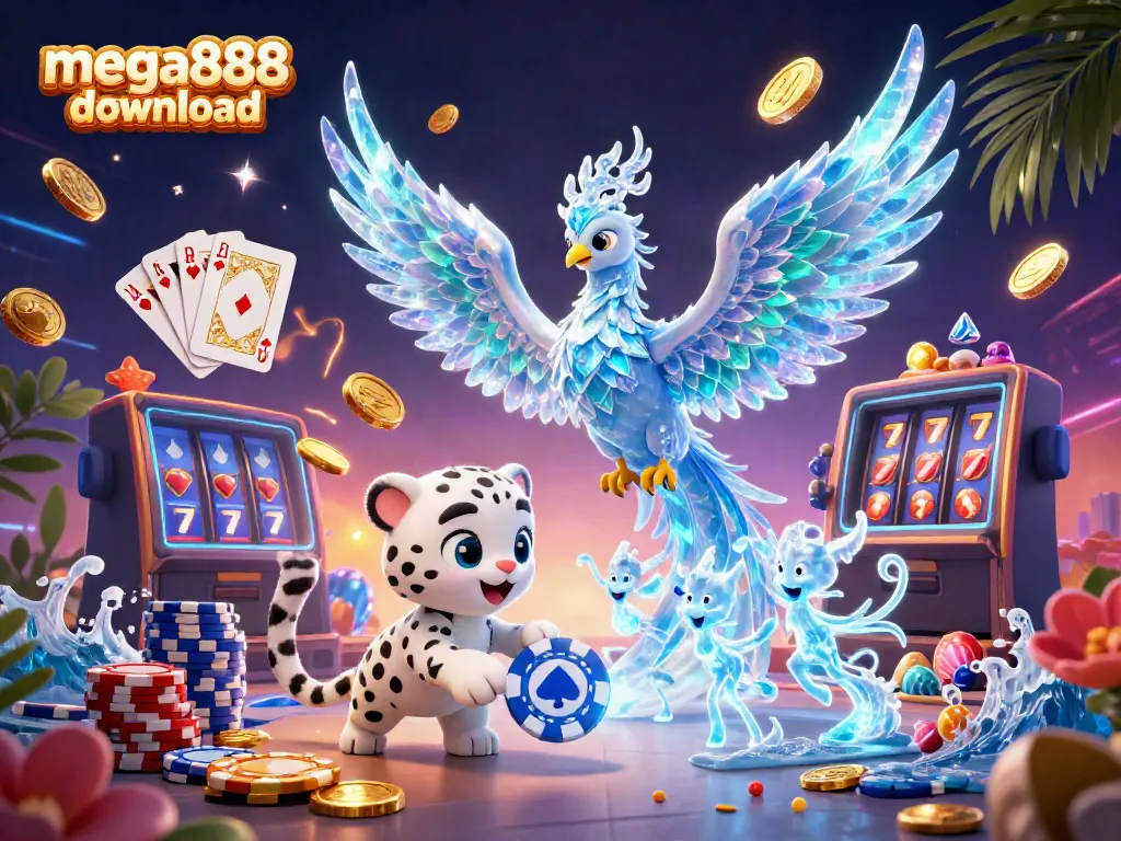 Engage with the exciting mega888 download experience featuring an ice phoenix, poker-themed elements, and casino visuals.
