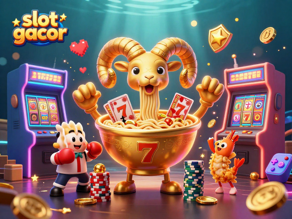 Experience slot gacor thrills with a vibrant scene featuring a ramen bowl dealer and slot elements.