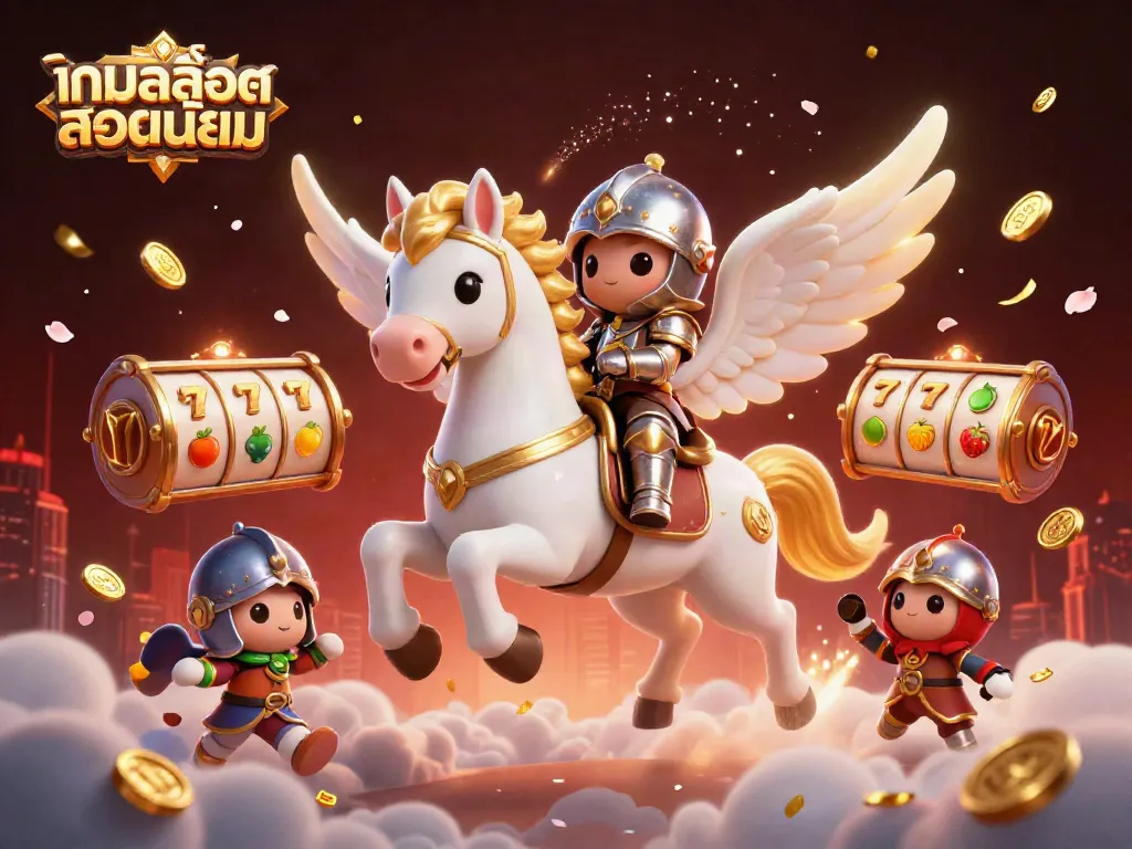 Engaging illustration ofเกมสล็อตยอดนิยม with a celestial horse, a knight, and slot game symbols enhancing the casino atmosphere.