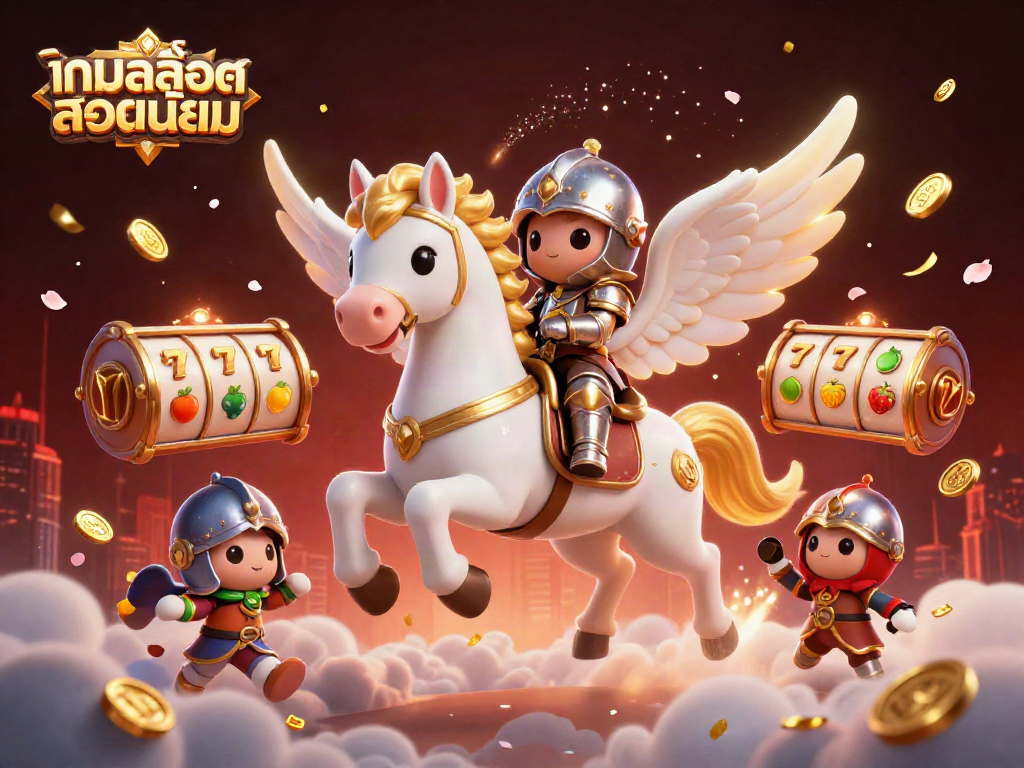 Engaging illustration ofเกมสล็อตยอดนิยม with a celestial horse, a knight, and slot game symbols enhancing the casino atmosphere.