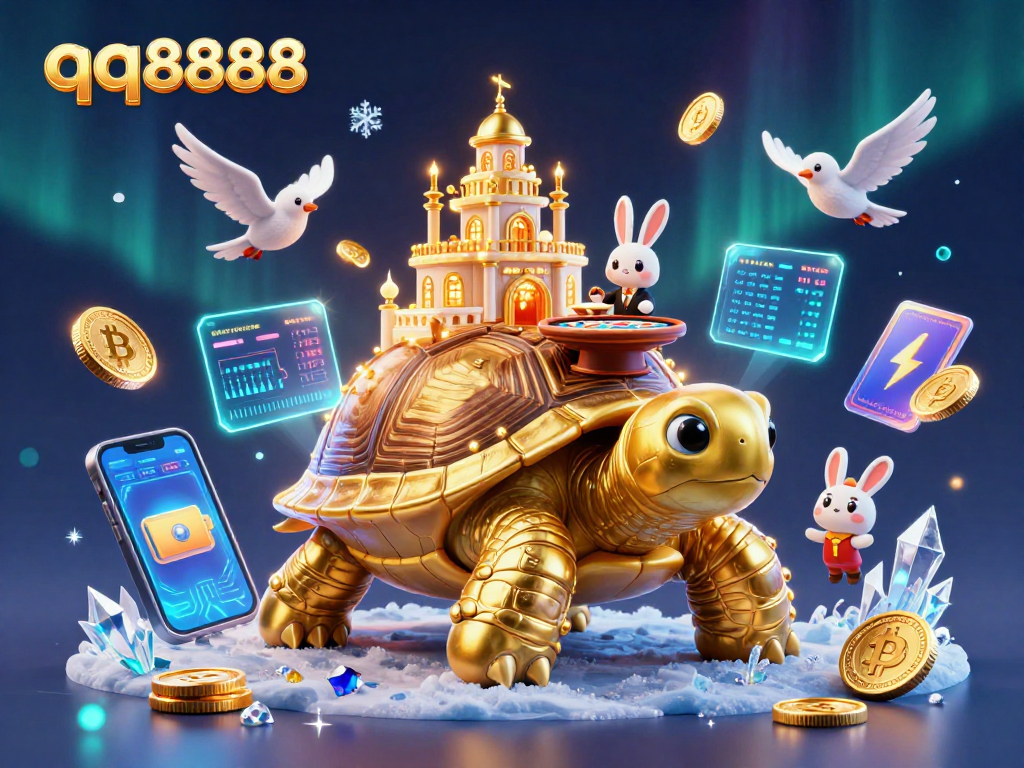 Experience the thrill of qq8888 with a gold tortoise casino, dealer, and flying coins.