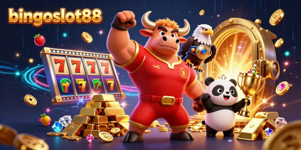 bingoslot88 menghadirkan suasana meriah dengan simbol slot, piala emas, dan karakter ramah dalam ilustrasi 3D.
