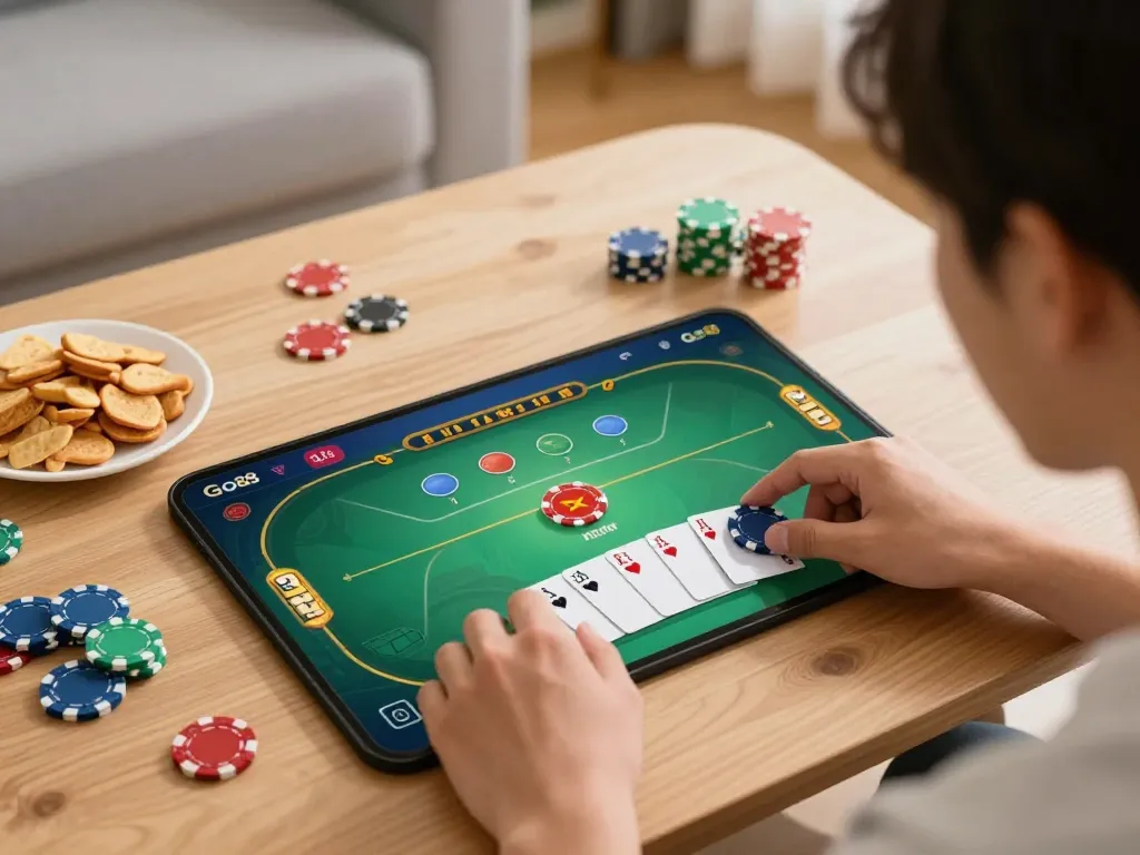 Engaging with the Go88 app during an exciting online gaming session at home