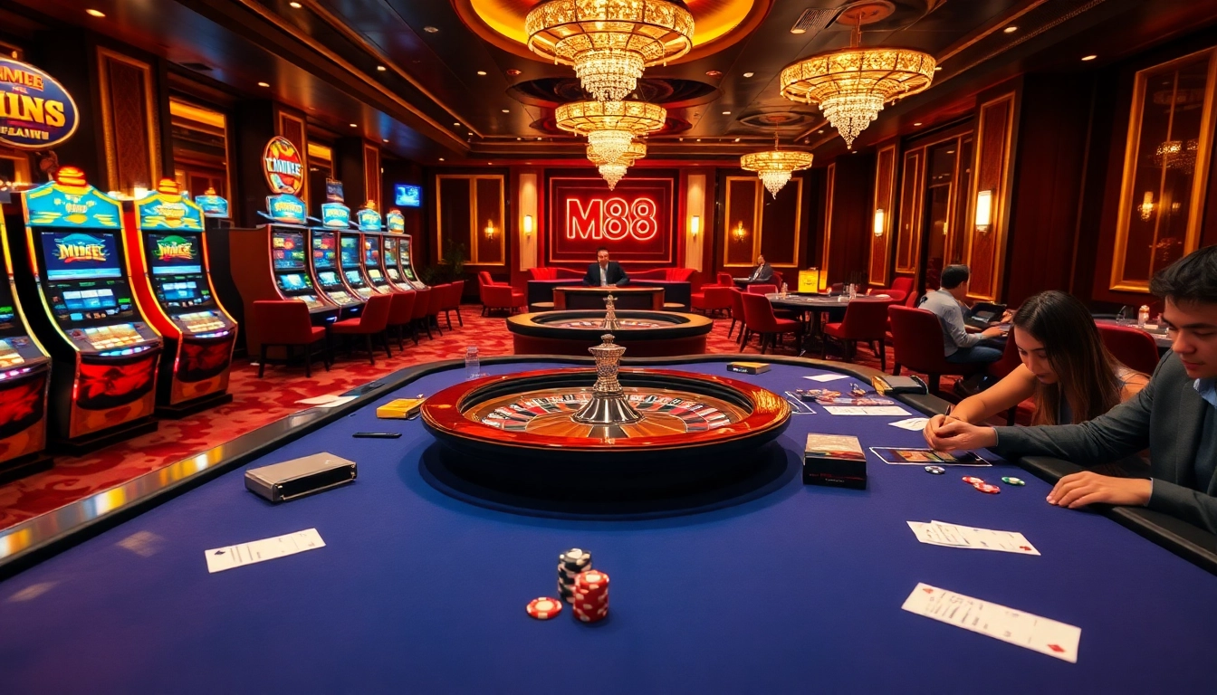 Exciting M88 casino scene with players engaged in thrilling gambling activities at tables and slot machines.