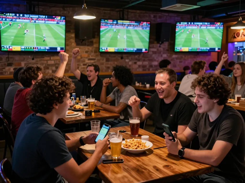 Engaged fans celebrating tỷ lệ kèo nhà cái updates while watching live sports at a lively bar.