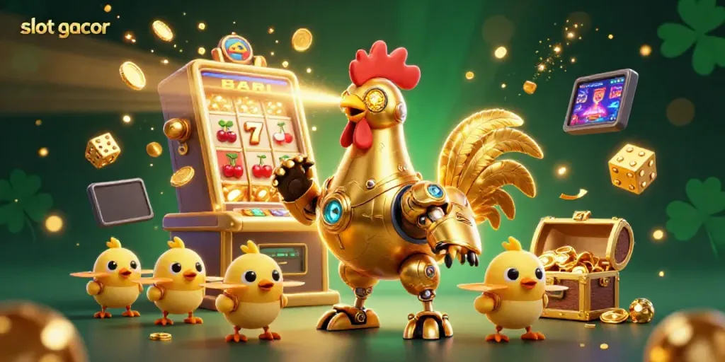 Engage with dynamic slot gacor excitement featuring a golden rooster robot and casino elements.