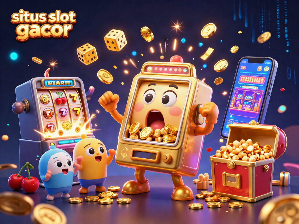 Experience the excitement of situs slot gacor as a cartoon slot machine hits a jackpot, surrounded by celebrating slots and casino elements.