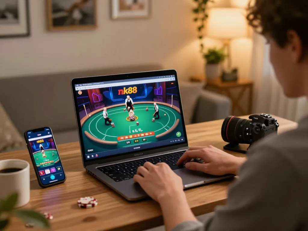 Engaging with nk88 online gaming on a laptop, showcasing poker gameplay and cozy home setup.
