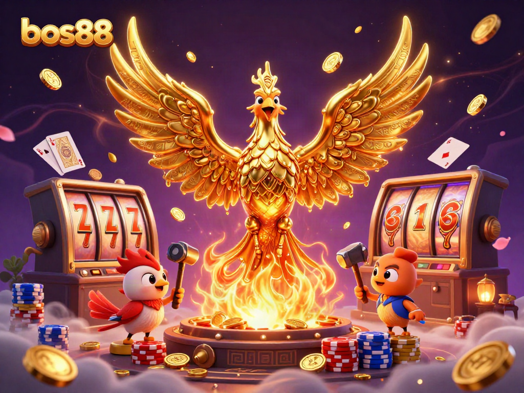 Menghadirkan bos88, phoenix emas terbuat dari logam cair, dikelilingi oleh slot dan koin emas.
