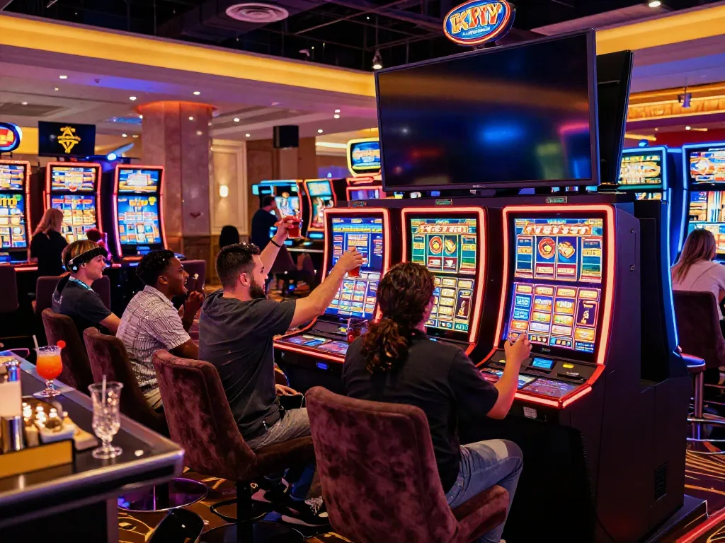 Excited players celebrating wins at Lucky777 slot machines amidst vibrant casino lights.