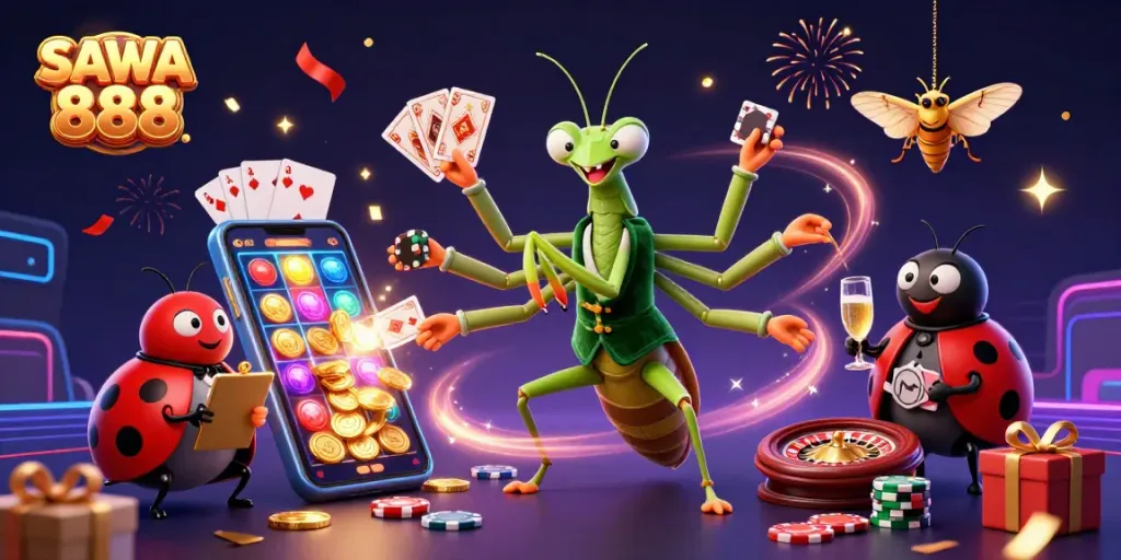 Experience thrilling gaming with SAWA 888 featuring vibrant slot games, chips, and cards.