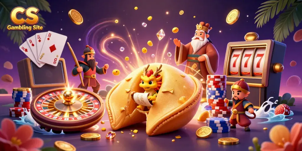 Engaging scene with a golden fortune cookie and dragon, vibrant casino elements showcasing CS Gambling Site.