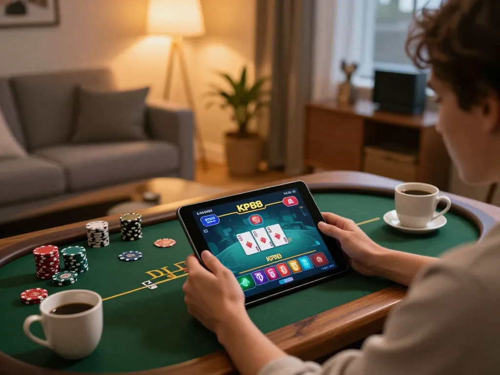 Engaging in poker gameplay on KP88 com platform with a cozy home setting and tablet interface.