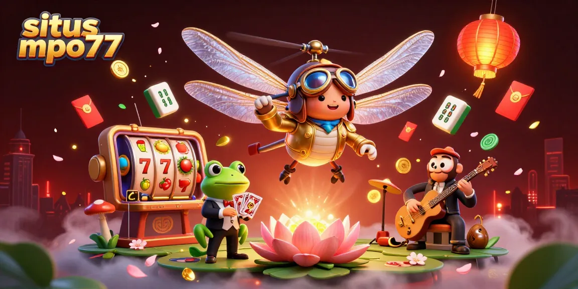 Engage with situs mpo777's vibrant slot games as a dragonfly pilot soars above a lively lily pad casino.