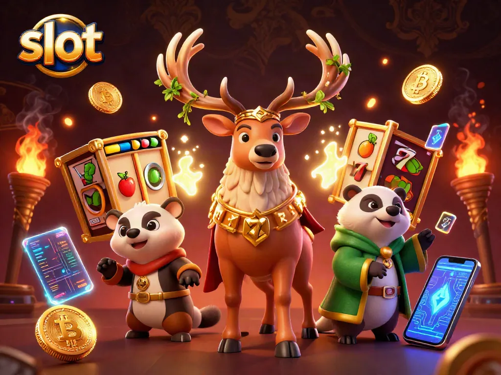 Spin the slot reels with Celtic-inspired characters amidst glowing crypto elements in an engaging casino scene.