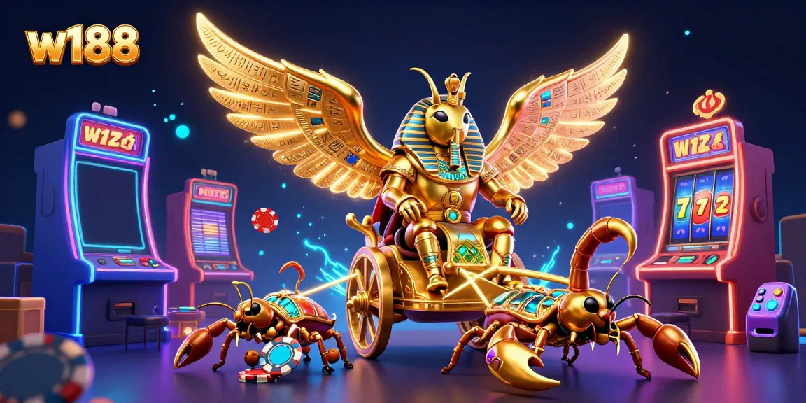 w188 presents an exciting 3D casino scene with a golden beetle, scorpions, and vibrant slot machines.