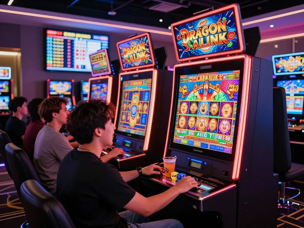 Pemain yang bersemangat merayakan kemenangan di mesin link slot di lounge kasino yang ramai.