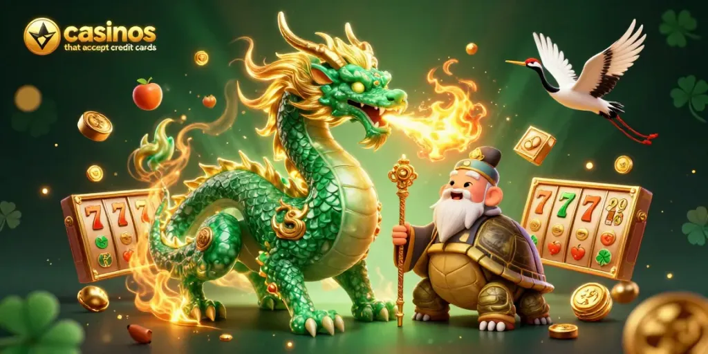 Engage with casinos that accept credit cards in a vibrant, dynamic 3D illustration filled with symbols of luck and gaming.