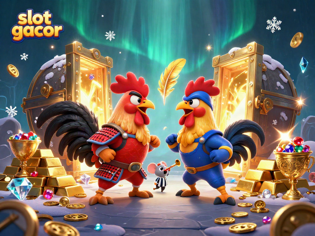 Ayam jantan bertanding di slot gacor dengan efek emas dan gemerlap, menunjukkan keseruan taruhan.