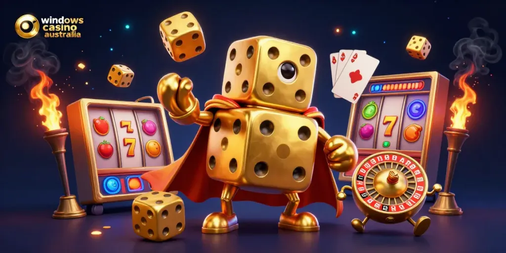 Engage with thrilling gameplay at windows casino australia, featuring vibrant slot reels and golden dice.