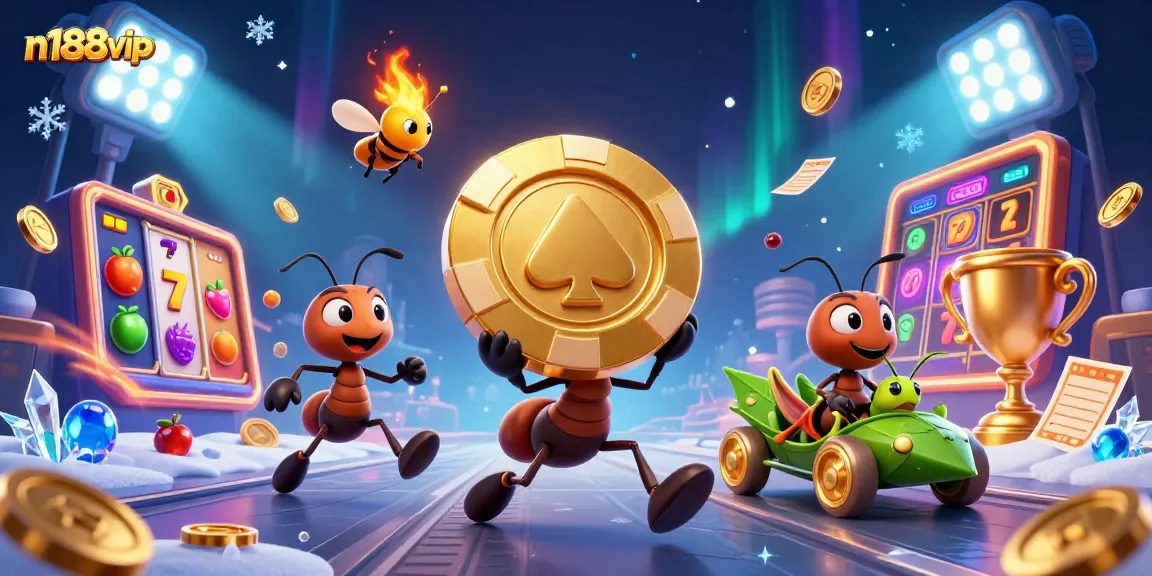 Experience n188vip's thrilling jackpot action with cartoon ants, vibrant coins, and 3D slot elements.