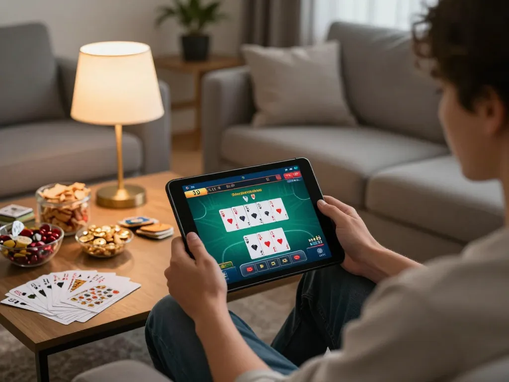 AF88 user engaging in a thrilling online poker game on a tablet from a cozy home setting