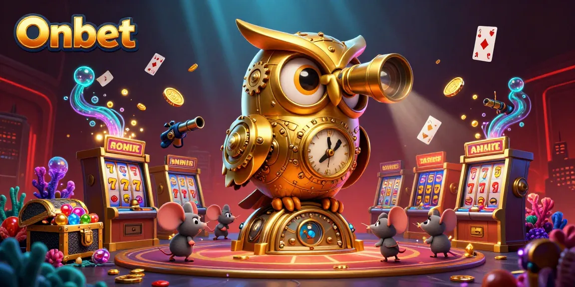Onbet offers a vibrant casino atmosphere with a clockwork owl overseeing a jackpot adventure.