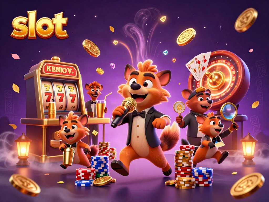 Menghadirkan suasana perjudian slot yang meriah dengan hyena di kasino yang penuh dengan koin emas dan simbol keberuntungan.