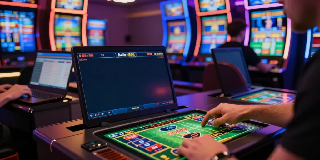 Pengguna memasang taruhan di bola888 dalam suasana kasino virtual.