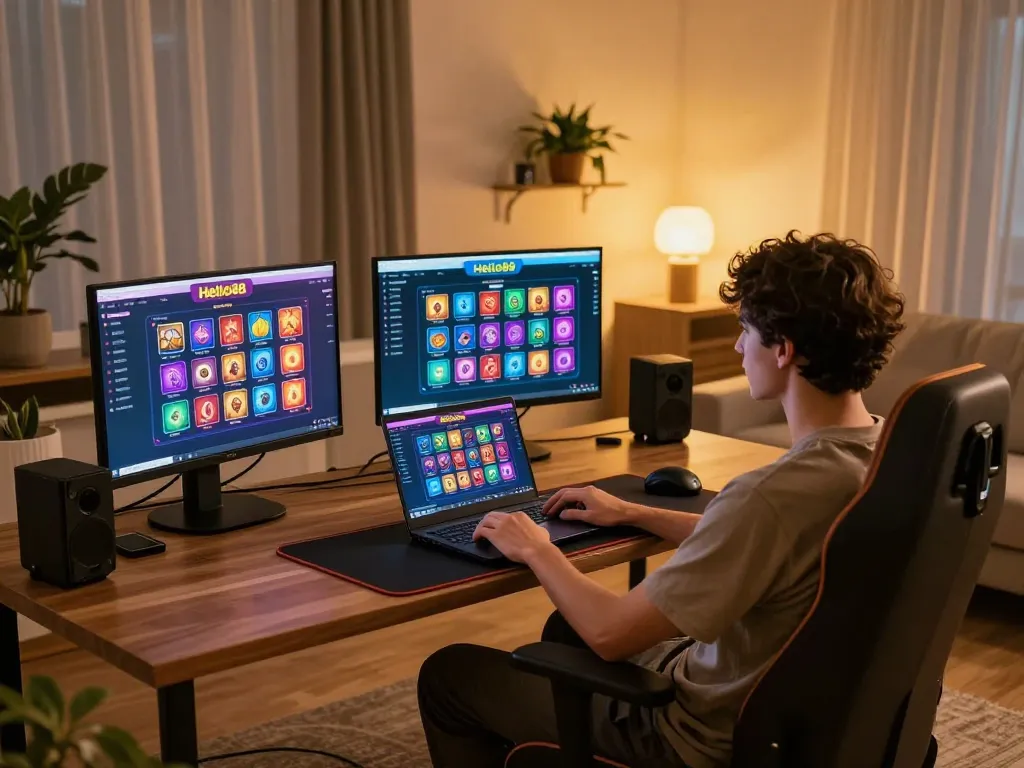 Hello88 player engaging with online casino interface in a cozy home setting