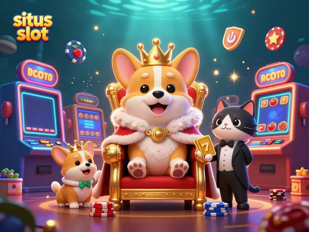 Join the fun at situs slot with a playful illustration showcasing charming casino characters and vibrant slot machines.