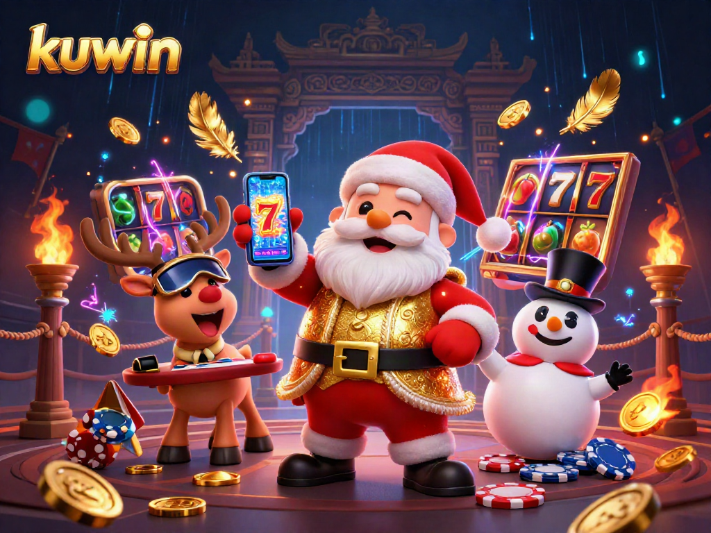 Kuwin slot gaming excitement illustrated with Santa's smartphone jackpot and festive casino elements.