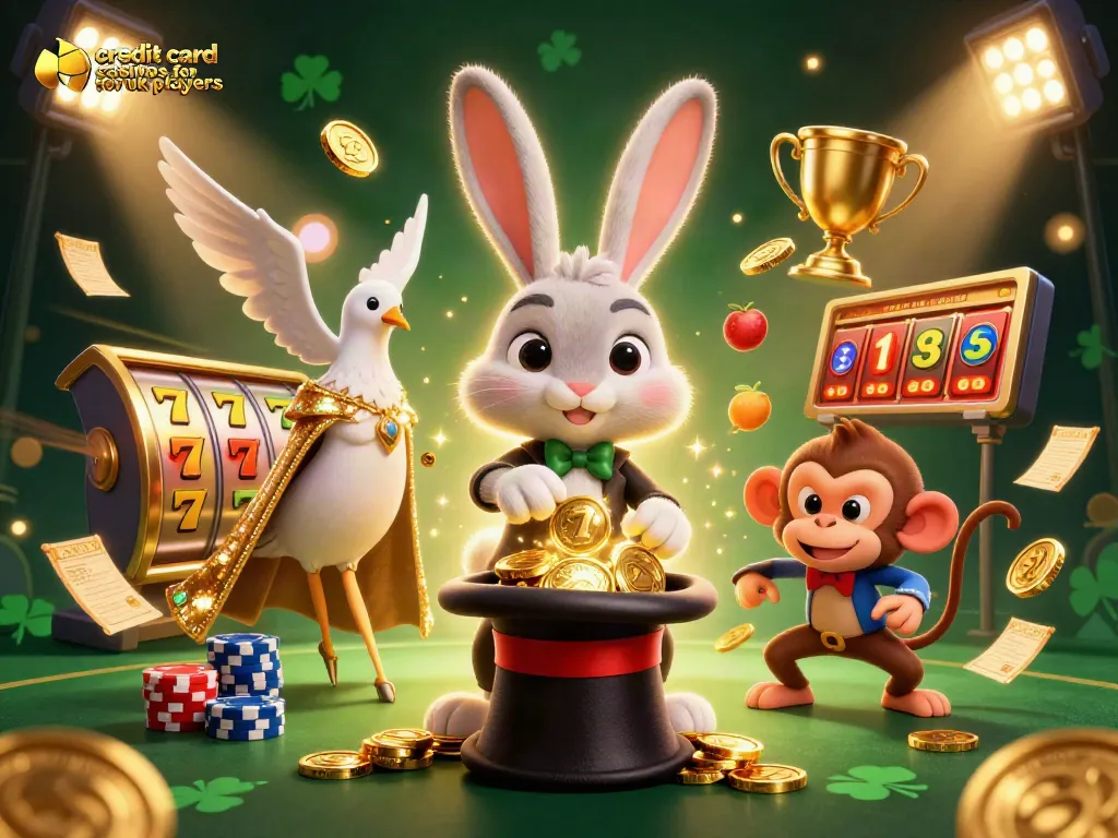 Engage in credit card casinos for UK players with vibrant 3D illustration of a magician and casino elements.
