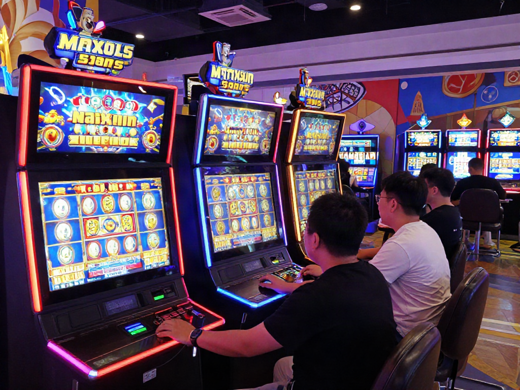 Players celebrating victories while playing slot maxwin games at a vibrant online casino