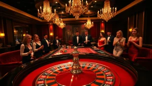 Engaged players enjoying a vibrant Casino experience at a roulette table surrounded by rich decorations.