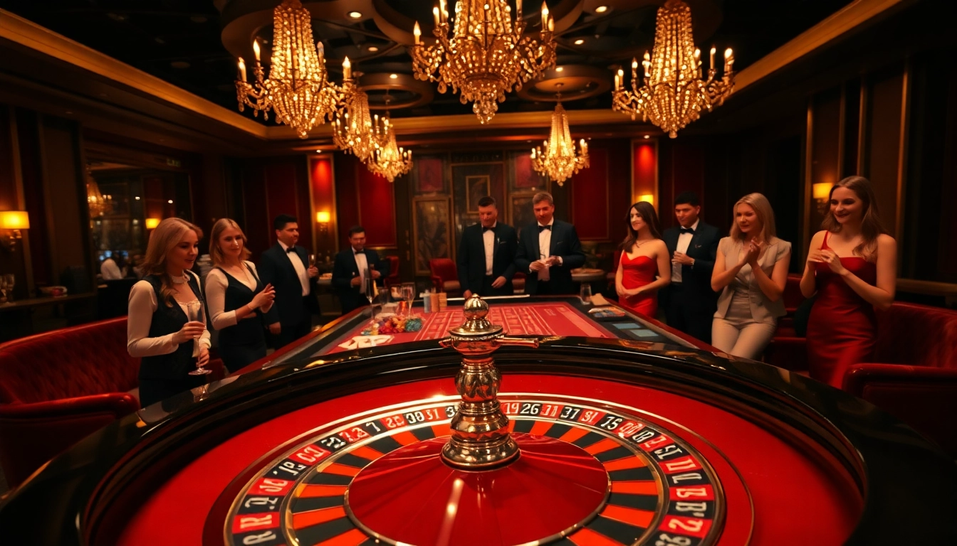Engaged players enjoying a vibrant Casino experience at a roulette table surrounded by rich decorations.