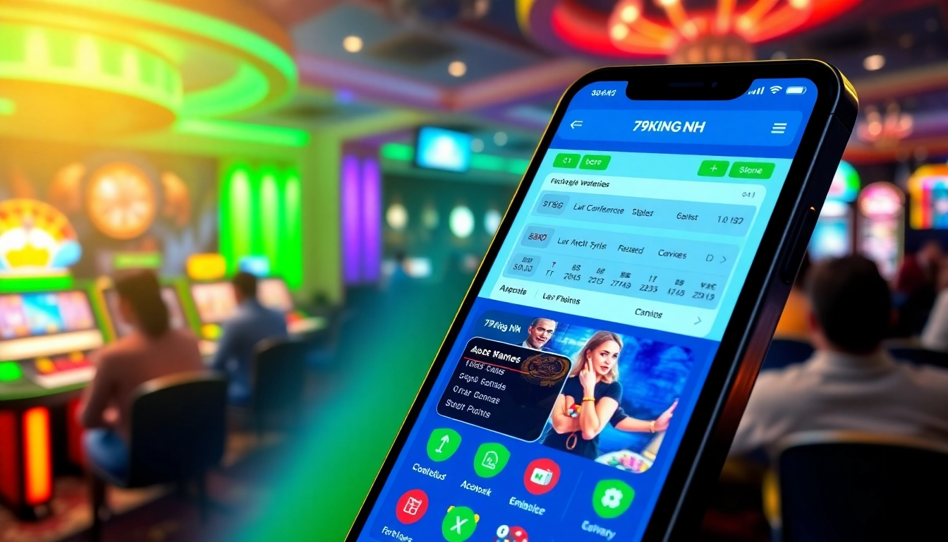 Dynamische Online-Glücksspieloberfläche mit der 79king hn-App, die in einem lebhaften Casino-Setting präsentiert wird.