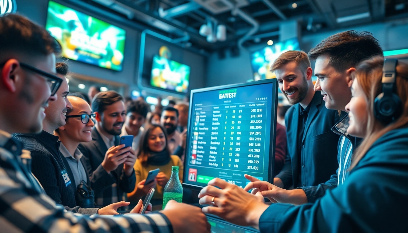 Engaged bettors using a digital platform for online Betting in a lively sportsbook environment.