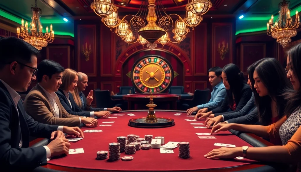 Players gather around the luxurious poker table at OK8386 casino, showcasing excitement and strategy in action.