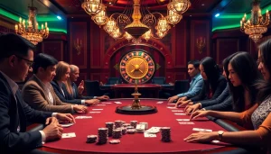 Players gather around the luxurious poker table at OK8386 casino, showcasing excitement and strategy in action.
