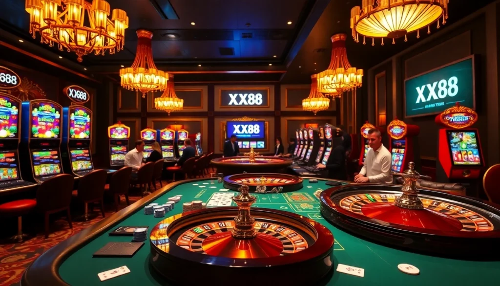 Experience the vibrant atmosphere of XX88 with an exciting casino scene filled with poker chips and a spinning roulette wheel.