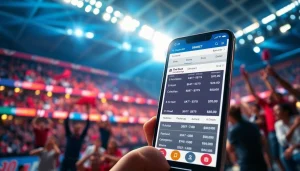 Menampilkan antarmuka SBOBET di ponsel pintar dalam suasana ramai taruhan olahraga.