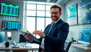 Scène moderne de conseiller financier mettant en avant l'expertise en paris en ligne pour 79king hn, avec des écrans numériques et des gadgets high-tech.